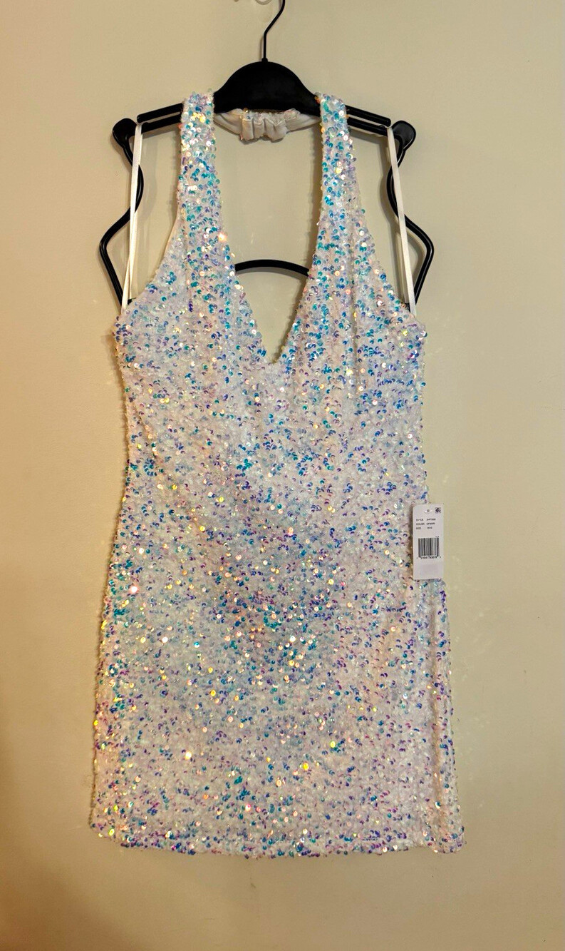 Darlin Juniors 15/16 Iridescent Sequin Halter Mini Dress Open Back NWT